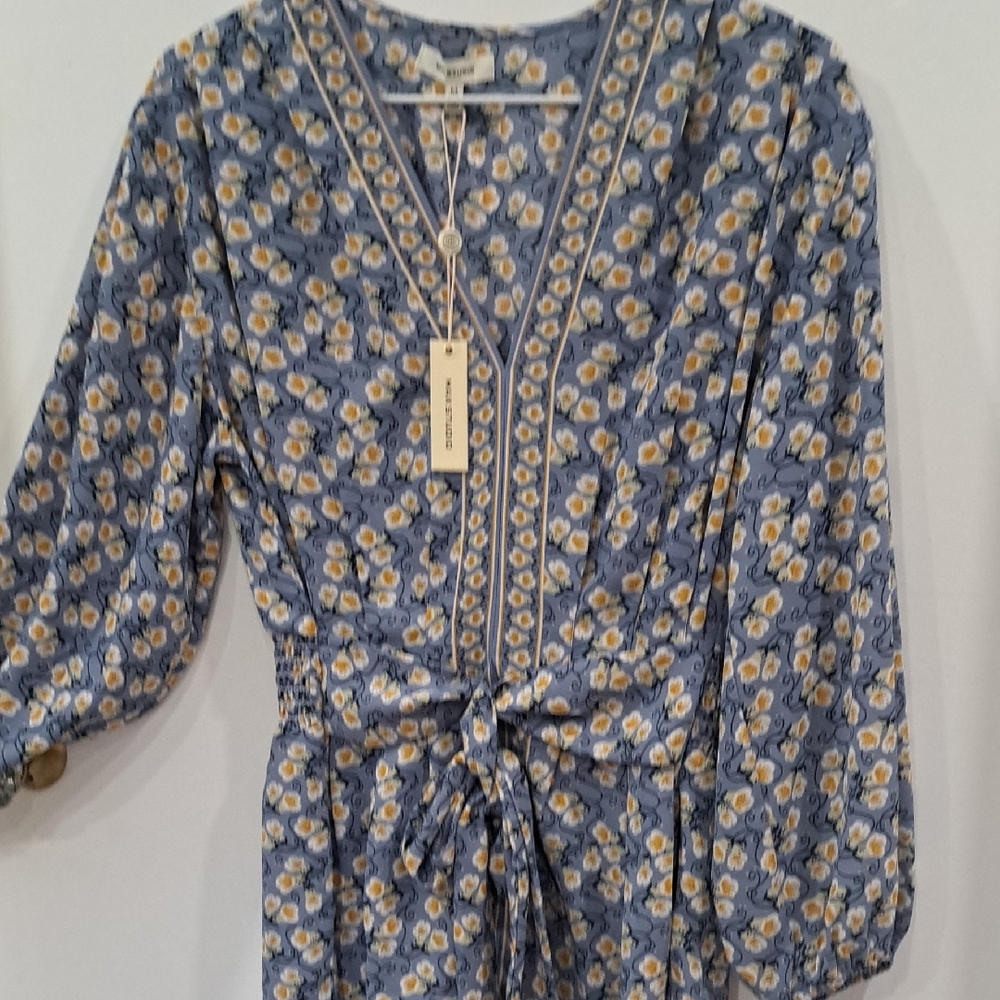 Max Studio Floral V-Neck Belted Blouse - Blue & Yellow